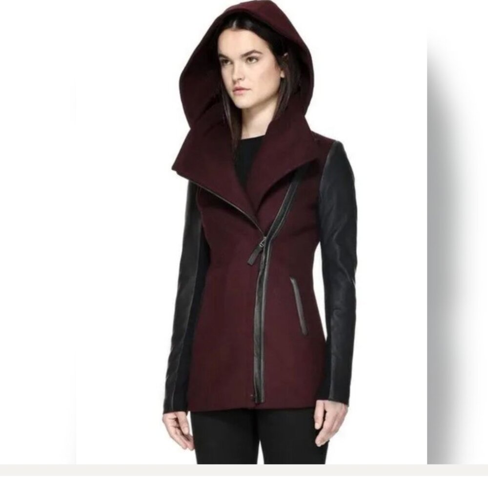 Mackage Odilia wool and leather coat in burgundy bordeaux XS